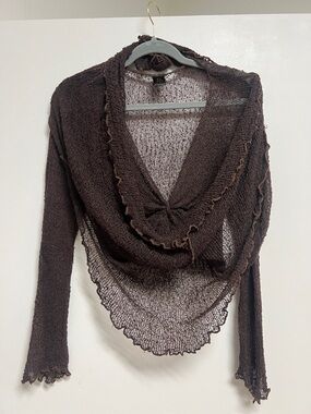 Festival Brown Long Sleeve Sheer Knit V-Neck Sheer 90s Net Crochet Cover-Up OS